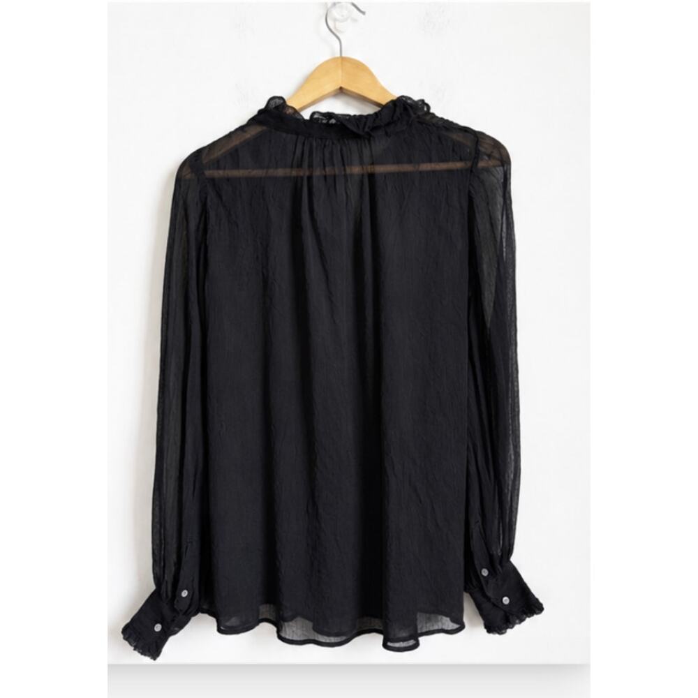 J.Crew Ruffle Button Up Shirt Crinkle Chiffon Sheer Boho Cupro Black  0 - Picture 3 of 3